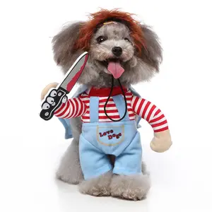 Halloween Cat /Dog Clothes Wig And Knife Novelty Funny Scary Props Outfit Apparel Accessories Chucky Deadly Pet Costume