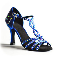 Chaussures de danse à talon haut 10CM, en Satin, bleu, noir, strass, escarpins de danse latine, de salon, nouvelle collection