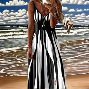 Novedad Verano 2025, Éxito de Ventas Europeo Americano, Vestido Maxi sin Mangas con Cuello en V, Estampado, Estilo Halter, Fruncido, Casual Urbano, Corte en A - Product Image 2