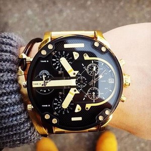 DZ jam tangan kronograf pria, arloji Dial hitam besar warna emas Stainless Steel Quartz untuk lelaki