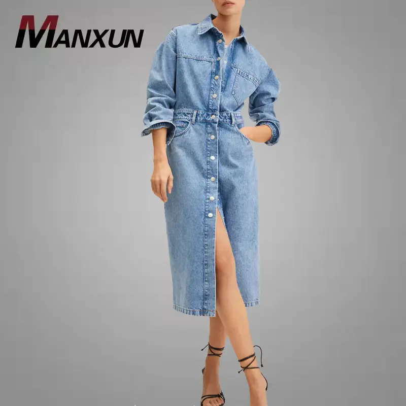 High Quality Long Sleeve Blue Denim Dresses Elegant Lapel Collar Knee Length Jean Clothing Coat Style Bodycon Dress For Lady