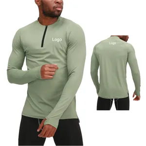 加大码3XL半拉链长袖涤纶肌肉合身跑步运动t恤健身房衬衫男士健身t恤