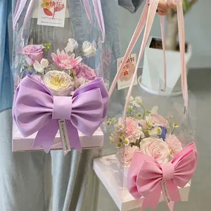 透明花束礼品包装塑料袋透明聚氯乙烯手柄情人节插花玫瑰盒花袋