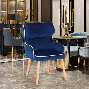 Nordic <strong>Blue</strong> Velvet Dining Chair with <strong>Light</strong> Wood Legs Upholstered Accent <strong>Armchair</strong> with White Piping for Home Restaurant Hotel - Product Image 2