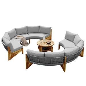 Hiện Đại Sang Trọng Ngoài Trời Chỗ Ngồi Đặt Vòng Bàn Cà Phê Gỗ Tếch Dây Sofa Đặt Với Màu Xám Đệm - Product Image 1