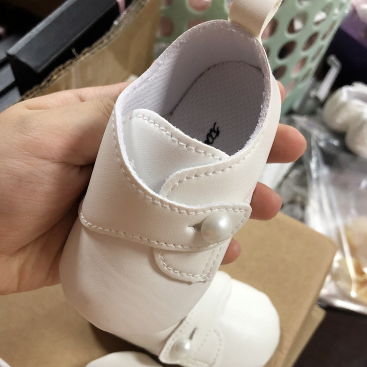 White Leather Gentleman Baby Boy Prince Infant Shoes Pearls Button Baptism 1st Birthday Show Outfit OEM Formal Crib Shoes