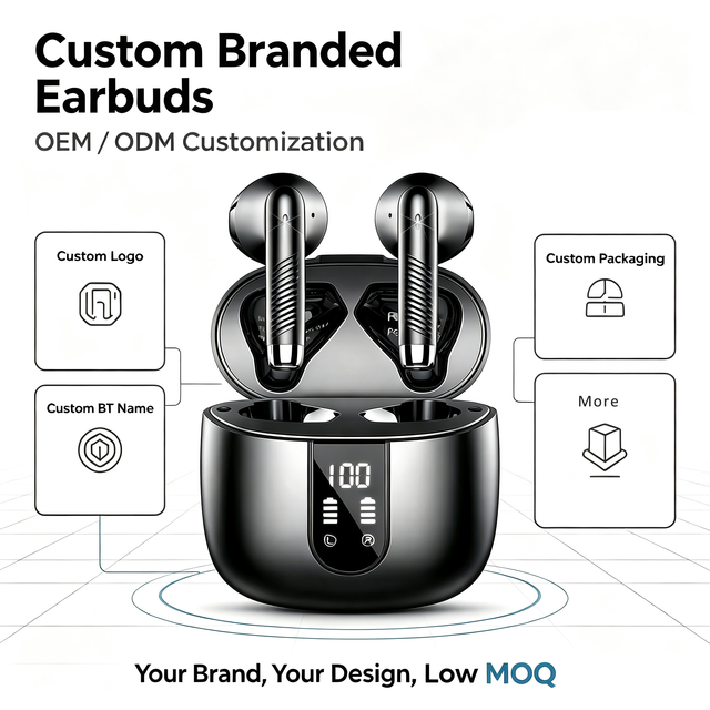 OEM Custom LED Display Semi-in-ear Earbuds V5.4  Hi-Fi Stereo Wireless Earphones with Logo for Business Office Sports