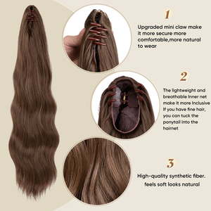 Ekstensi rambut poni sintetis gelombang alami tahan panas grosir, jepit rambut model cakar, untuk wanita - Product Image 2