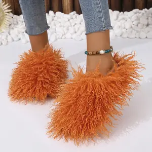 Nieuwe Winter Fury Oranje Designer Meisjes Schoenen Bont Home Slippers Warm Dames Huis Mode Wol Pluche Rubber Wollen Glijbanen