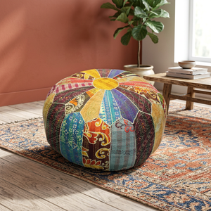 Puf Redondo Moderno para Espacios Tradicionales con Logotipo Personalizado y Diseño de Retazos de Seda Rajasthani - Product Image 3