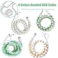 Câble de données USB 3-en-1 imprimé floral frais avec perles, lot de 4 couleurs, décoratif, multi-embouts, cordon de charge universel pour téléphone portable