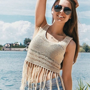 Haut de bikini en crochet en polyester à col en V, style bohème, personnalisé par le fabricant, maillot de bain sexy tricoté pour le fitness, tenue de plage pour femme - Product Image 5