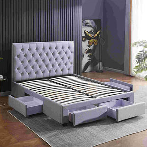 Cama Moderna Tapizada con Cajones de Almacenamiento, Tamaño Queen, Tela Gris, Cama Suave con Láminas de Madera - Product Image 1