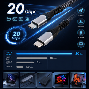 Cable USB 3.2 Gen2 Tipo C LUNG KAY, Transferencia de Datos de 20 Gbps, Carga Rápida PD de 100 W, Chip E-Mark, Cable USB-C Trenzado de Nailon - Product Image 3