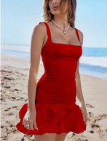 Robe moulante sans manches courte plissée sexy de couleur unie, tendance