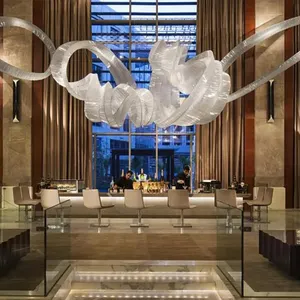 Luminária de pingente para salão de banquetes de hotel grande personalizado, luminária de luxo com fita de seda branca, iluminação decorativa para decoração