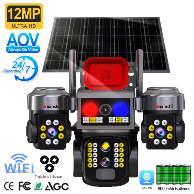 Anxinshi AOV Solar Security Camera 24/7 Recording IP66 Waterproof Full Color Night Vision Wireless PTZ Security Camera
