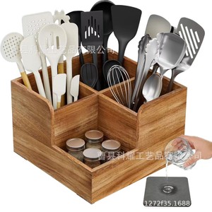 Wooden Cutlery <b>Storage</b> <b>Box</b> Four Compartment Knife Fork Spoon Organizer Standing Type Solid Wood <b>Kitchen</b> Utensil Holder - Product Image 5