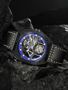 PINDU Sports <b>Mechanical</b> Style Men's Skeleton Automatic <b>Mechanical</b> <b>Watch</b> Square Case Tourbillon Luminous Leather Strap - Product Image 4