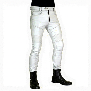 <b>Men's</b> White Genuine Sheep <b>Leather</b> Quilted Plus Size Moto Biker Pants Mid Waist Zipper Fly Breathable Straight Fit Winter Style - Product Image 3