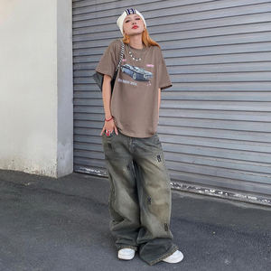 Jeans à jambe droite ample à imprimé lettres pour femmes, style décontracté de rue Y2K, style délavé - Product Image 2