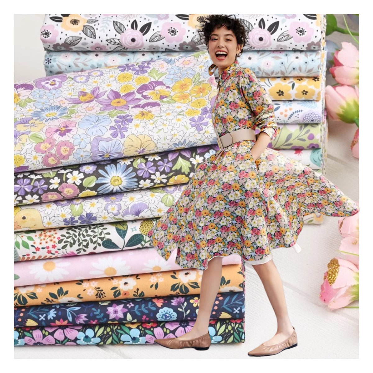 RTS Colorful 40s Printed Flowers Cotton Fabric Textile Raw Material Print Plain Liberty Print Colorful Cotton Fabric
