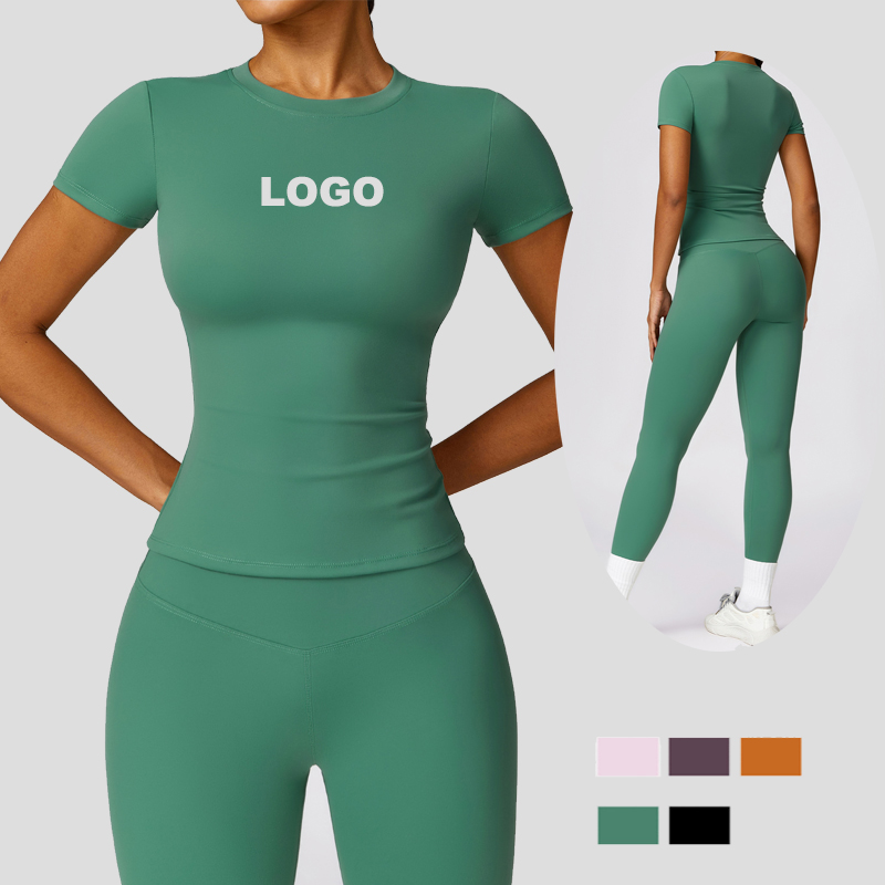 New Arrivals Women Activewear Short Sleeve Running Shirt Top High Waist Leggings Fitness Workout Yoga Set for Athletic Gym