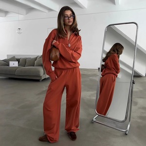 <b>Women's</b> Sportswear Set Solid Streetwear Collared V-Neck Hoodie Elastic Waist Wide-Leg Sweatpants Casual <b>for</b> Custom Logo - Product Image 2