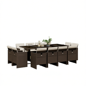 Set da Pranzo da Esterno in Rattan PE Marrone Pieghevole per 12 Persone, Arredamento da Giardino in Stile Contemporaneo con Struttura in Vimini - Product Image 1