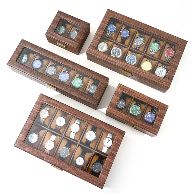 6 10 12 Slot PU Leather Watch Box Organizer Wood Grain Smart Watch Display Case With Glass Top for Men Women Wristwatch