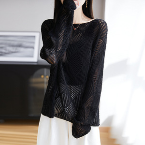 Blusa de Crochê Vazado com Gola de Linho, Manga Lanterna Longa e Detalhes de Diamante, Estilo Y2K - Product Image 3