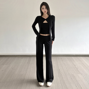 Ins Minimalist Solid Color Layering Slim Fit <b>Vest</b> Cut Out Hook Cardigan Three Piece Set Casual <b>Long</b> Pants Outfit - Product Image 5