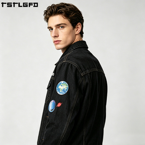 <b>Custom</b> Raw <b>Denim</b> <b>Jacket</b> Heavyweight Washed Black Planetary Pattern Men'S Outerwear Sets Clothing Manufacturers Bulk - Product Image 5