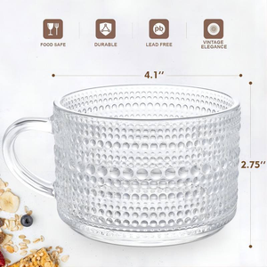 Set da 6 Bicchieri in Vetro Vintage da 450ml (15oz) con Motivo in Rilievo, Tazze Vintage, Contenitori per Overnight Oats con Coperchi in Bambù e Cucchiai - Product Image 3