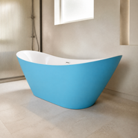 Baignoire autoportante en acrylique avec renfort en fibre de verre, intérieur blanc mat, extérieur bleu, avec trop-plein et vidange escamotable