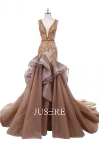 فستان سهرة كلاسيكي كلاسيكي ذهبي مدني مكشكش قطار مقاس كبير فستان مخصص للنساء فستان رسمي لأم العروس - Product Image 4