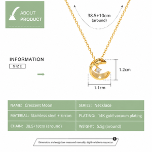 Collier pendentif lune croissante en acier inoxydable, zircon, plaqué or 14 carats sous vide, chaîne fine réglable 38,5+10 cm - Product Image 2