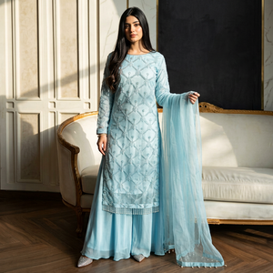 Traje Kurta Salwar Azul Claro Bordado para Mujer con Dupatta, Conjunto Étnico Pakistaní Largo hasta el Suelo para Boda - Product Image 1