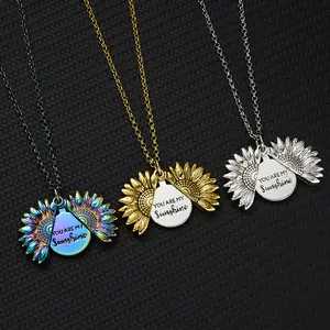 You Are My Sunshine Necklace - Sunflower Necklace Locket With Engraved Hidden Message Pendant For Women, Mother, Daughter /