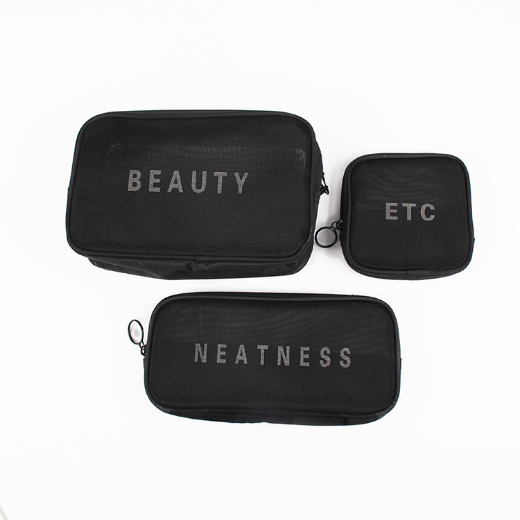 Portable Mesh Makeup Bag Custom Logo Waterproof Black Nylon Travel Kit, Small Cosmetic Pouch Printed Mesh Bag