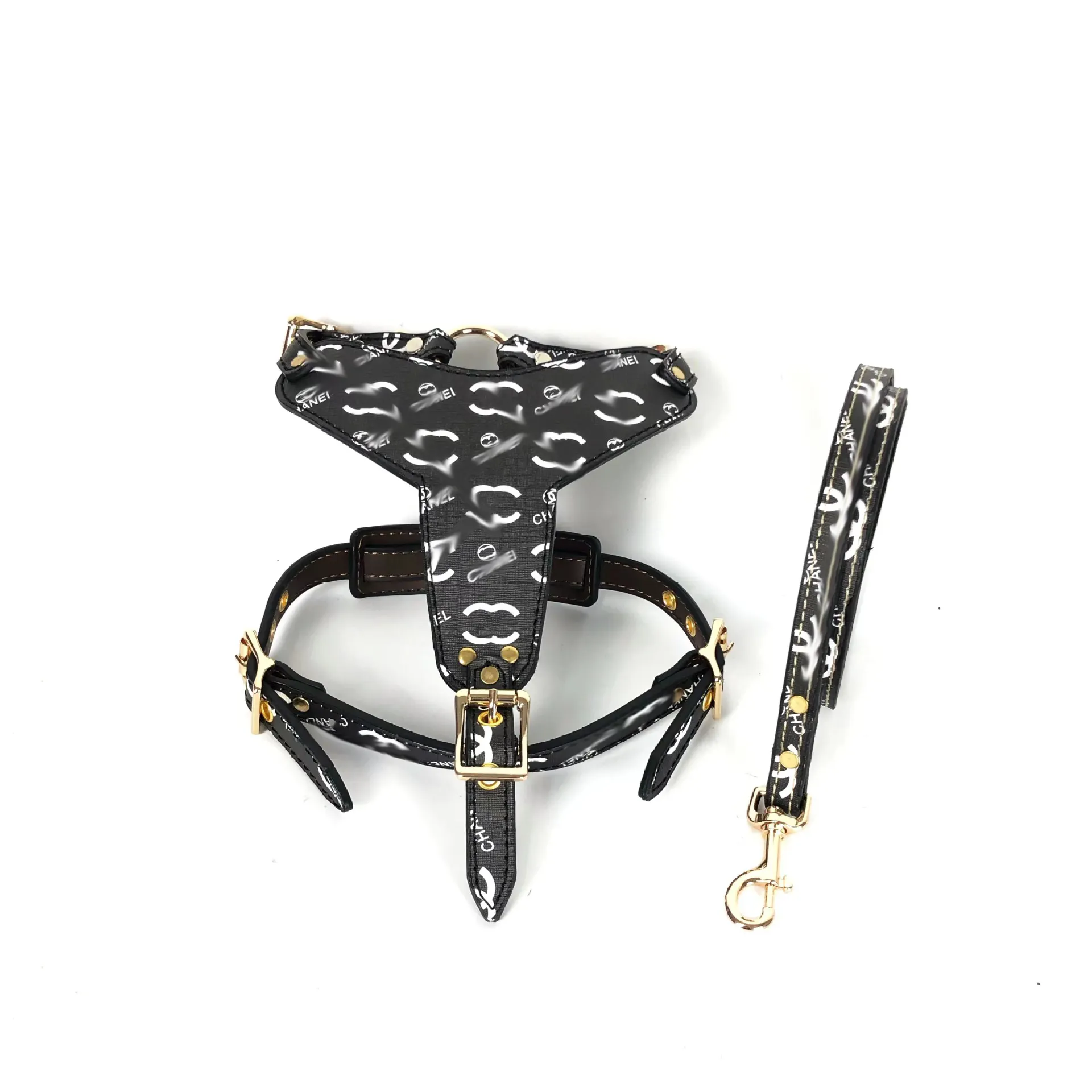 Wholesale pet harness high luxury trend designer letter pattern leather dog harness leash set