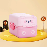 Schattige Kinderen Beer Ontwerp Bento Box Plastic Lunchbox Voedsel Dubbele Laag Capaciteit Lunchbox Draagbare Compartimental Verzegelde Lunchbox