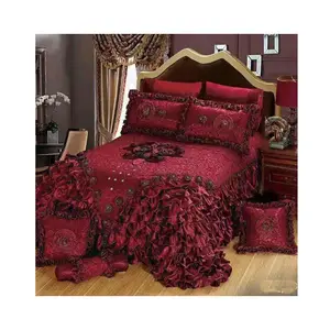 <strong>Red</strong> Luxury Jacquard Bedspread Coverlet Set European Wedding Style Stereoscopic Rose Lace Edge Quality Bed Sheet Plant <strong>Bedding</strong> - Product Image 1