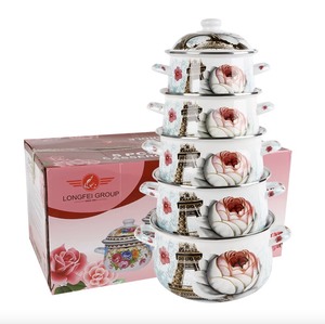 Ensemble de 5 casseroles en émail robustes à motif floral, avec double poignée en métal, pour cuisinière à gaz - Product Image 5