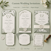 Ensemble d'invitations de mariage personnalisées avec bordure en arche vintage, design feuille aquarelle vert sauge doux, avec cartes RSVP et de détails assorties
