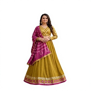 Ensemble Lehenga traditionnel indien pour femmes, imprimé, longueur au sol, en coton moutarde avec dupatta rose, coupe ample, toutes saisons - Product Image 1