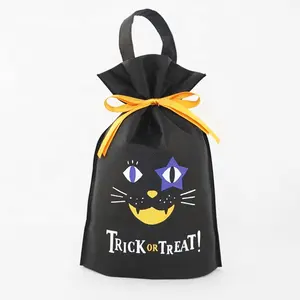 Tas berdiri bertali pegangan tidak ditenun Logo kustom seri Halloween warna putih dan hitam