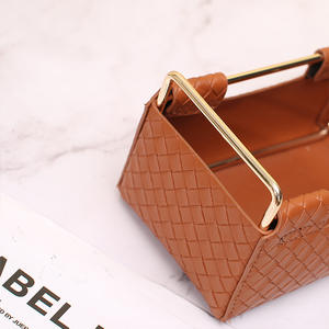 <b>Leather</b> Storage Box 2 Square Desktop Organizer Dark Brown <b>Woven</b> Pattern 2L Capacity Makeup <b>Bag</b> Stationery Holder - Product Image 1