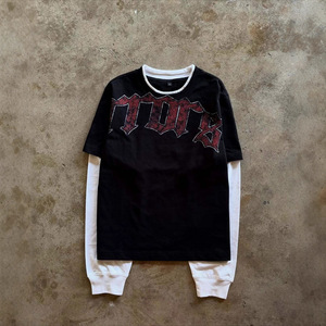 Men's Black Long Sleeve O-Neck Casual Regular Fit <b>Y2K</b> Streetwear Anti-Pilling Embossed Waffle Fabric Knitted T-<b>Shirt</b> - Product Image 2