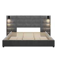 Cadre de lit moderne rembourré en tissu, réglable, avec rangement, pour lit Queen/Full/King, avec port USB et applique murale pour chambre à coucher